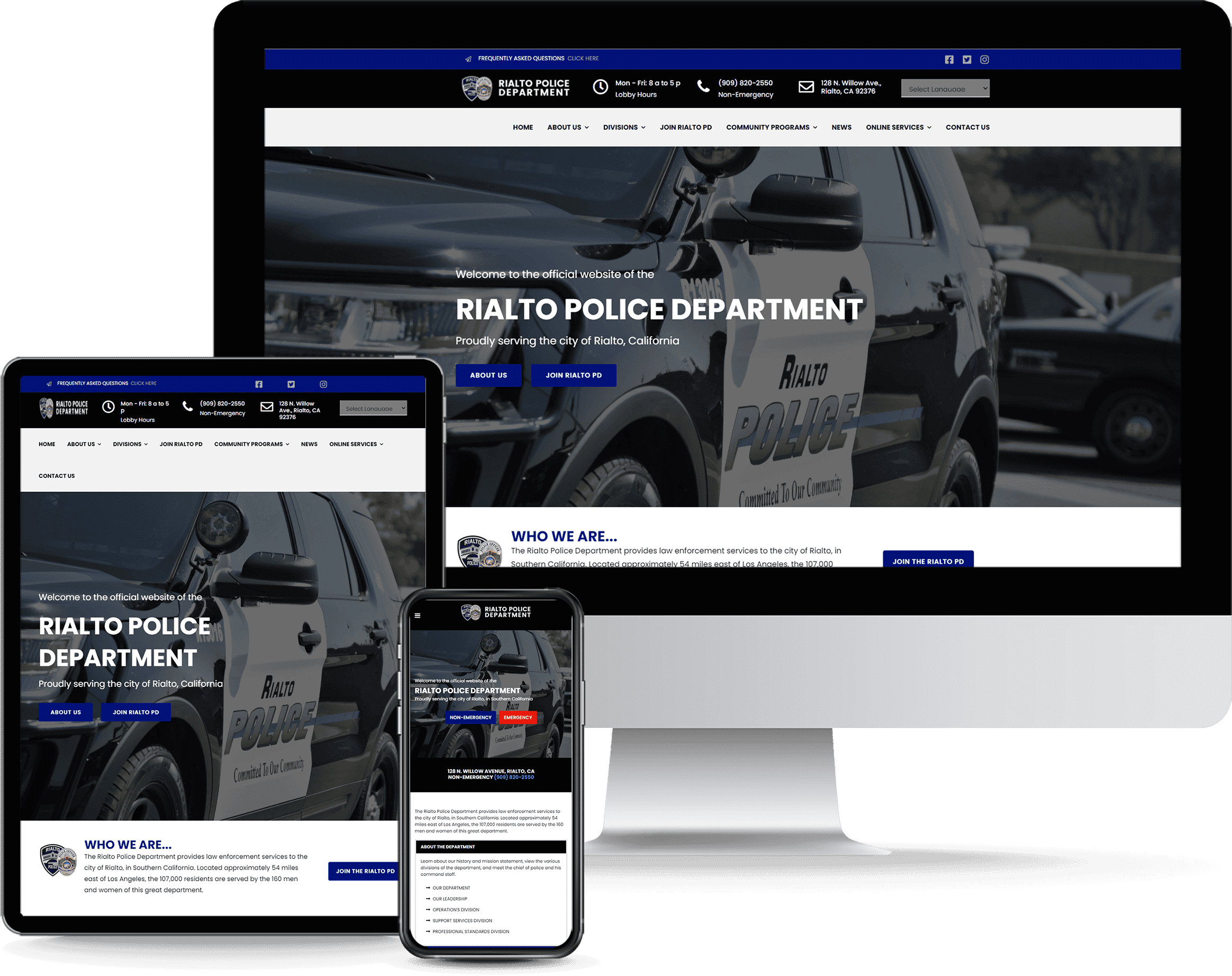 Rialto Police website design displayed on iPhone, iPad, and Mac computer